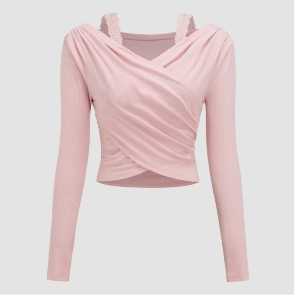 NWT Pink V-neck Lace Ruched Long Sleeve Jersey Top